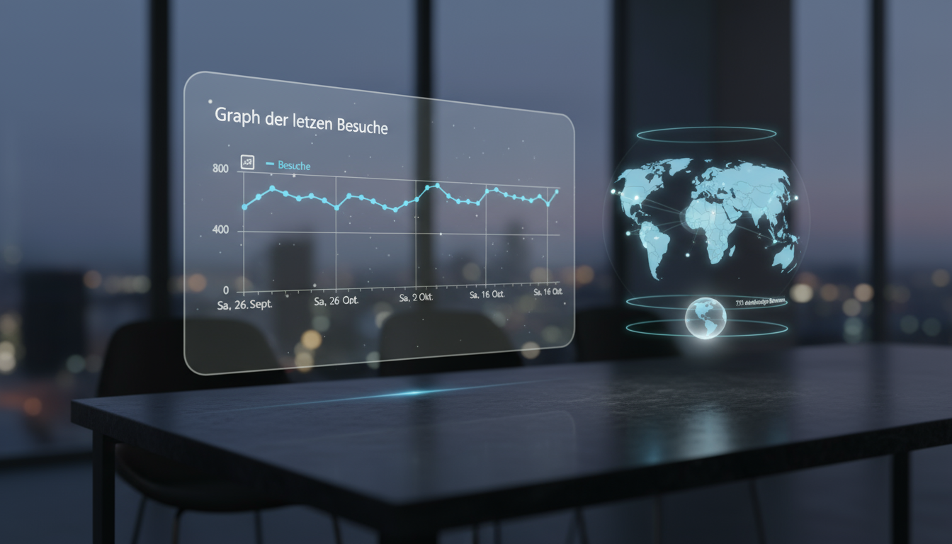 Analytics-Dashboard mit „Graph der letzten Besuche“ und schwebender Weltkarte – datengetriebenes Monitoring.