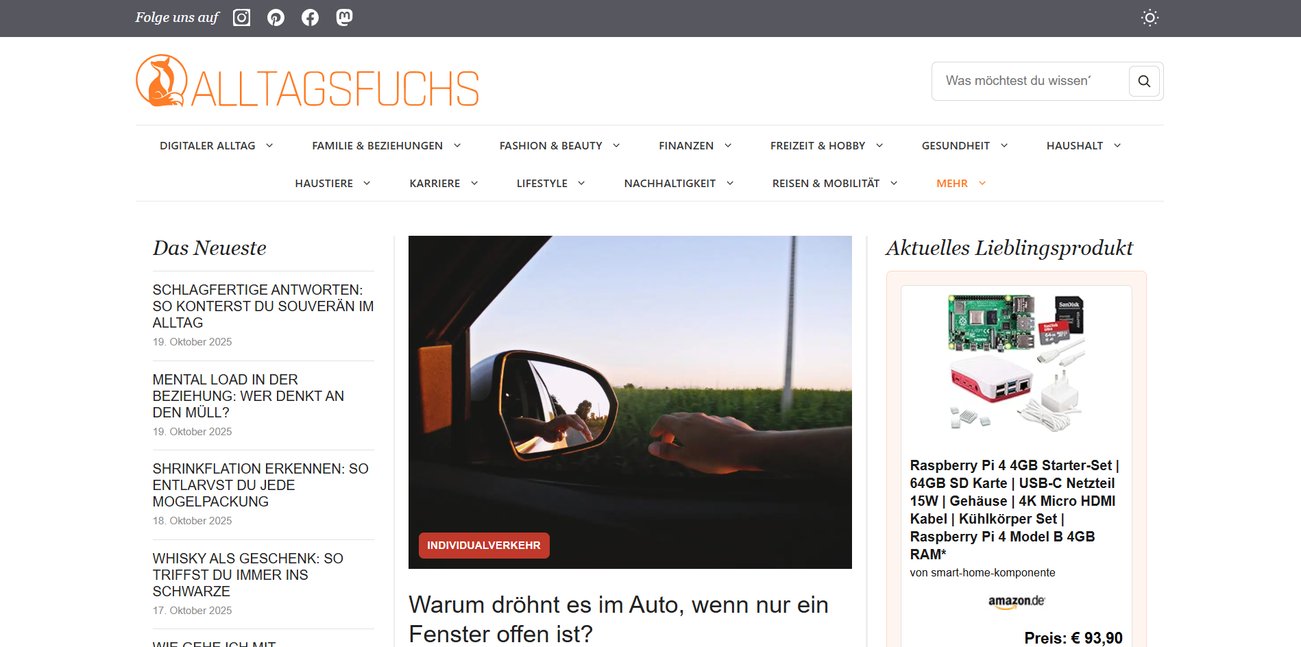 Website-Mockup Alltagsfuchs – Magazin-Startseite mit Scroll-Effekt.