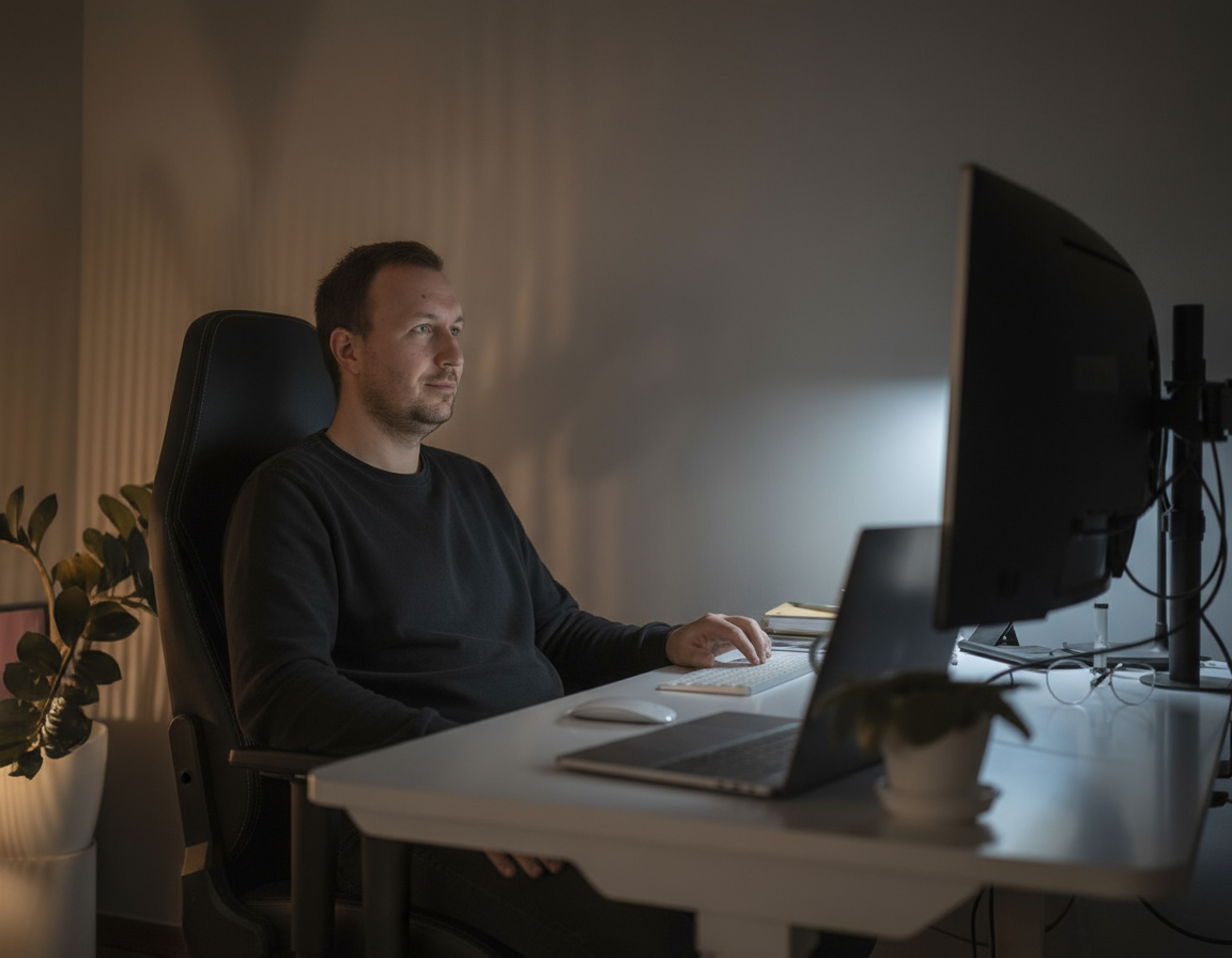 Stefan arbeitet abends am großen Monitor – Website-Betreuung, Monitoring und Updates.