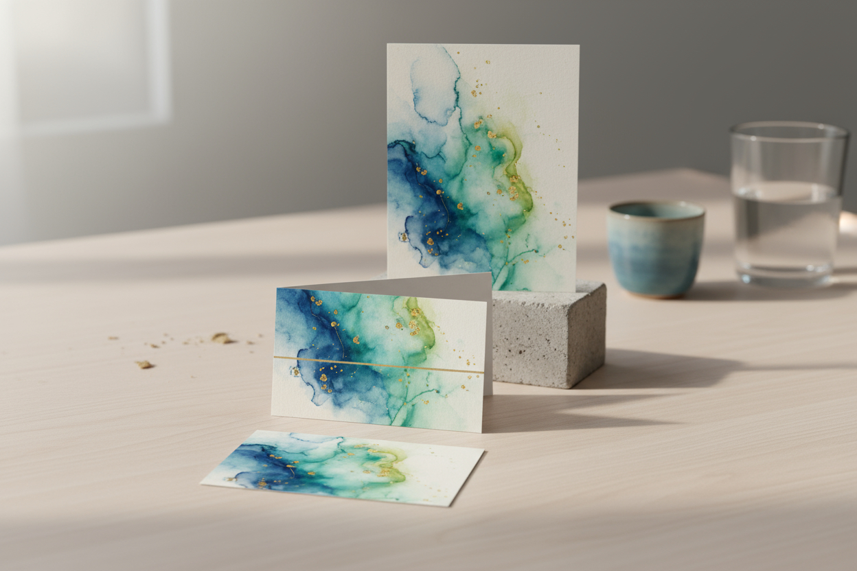 Subtile Darstellung von Visitenkarte, Klappvisitenkarte und kleiner Flyer